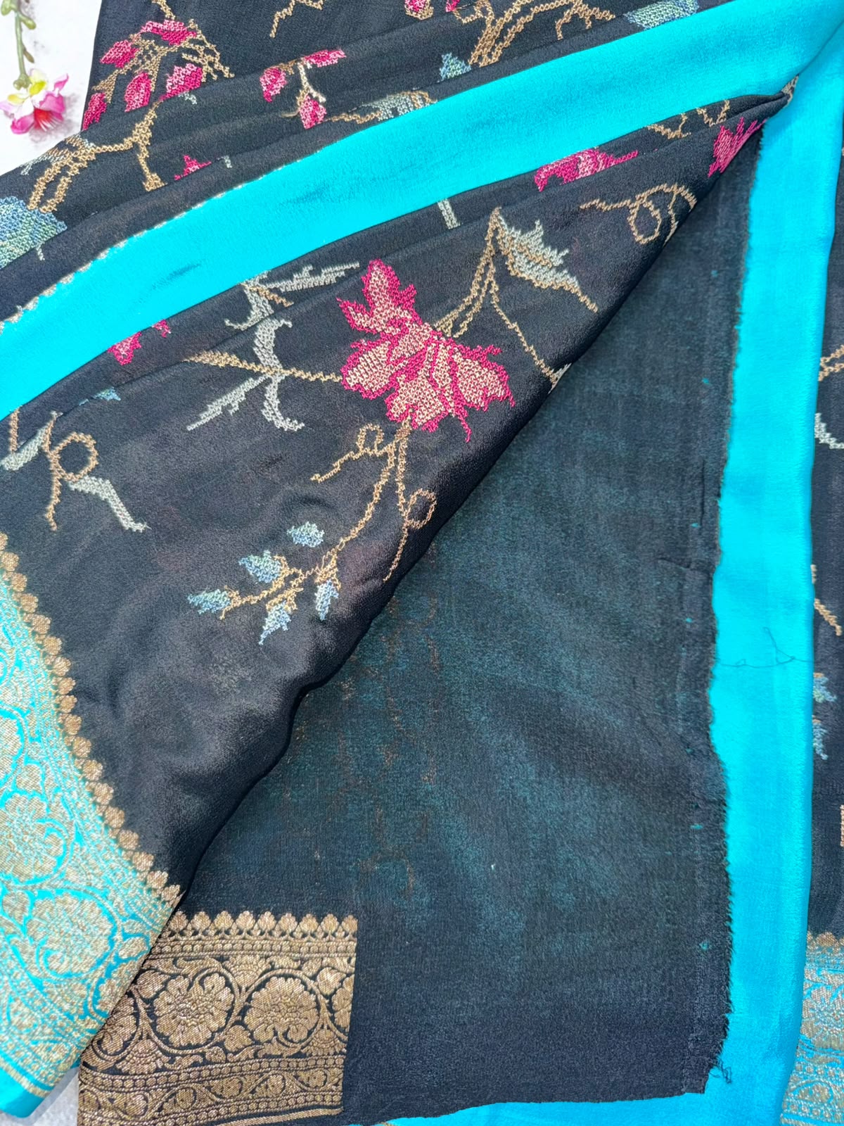 Black Embroidery Pure Benarasi Crepe Saree 110