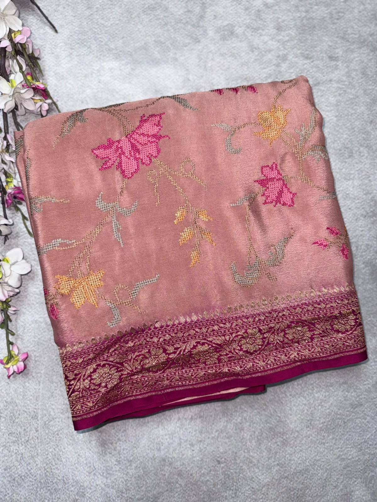 Peach Embroidery Pure Benarasi Crepe Saree 110