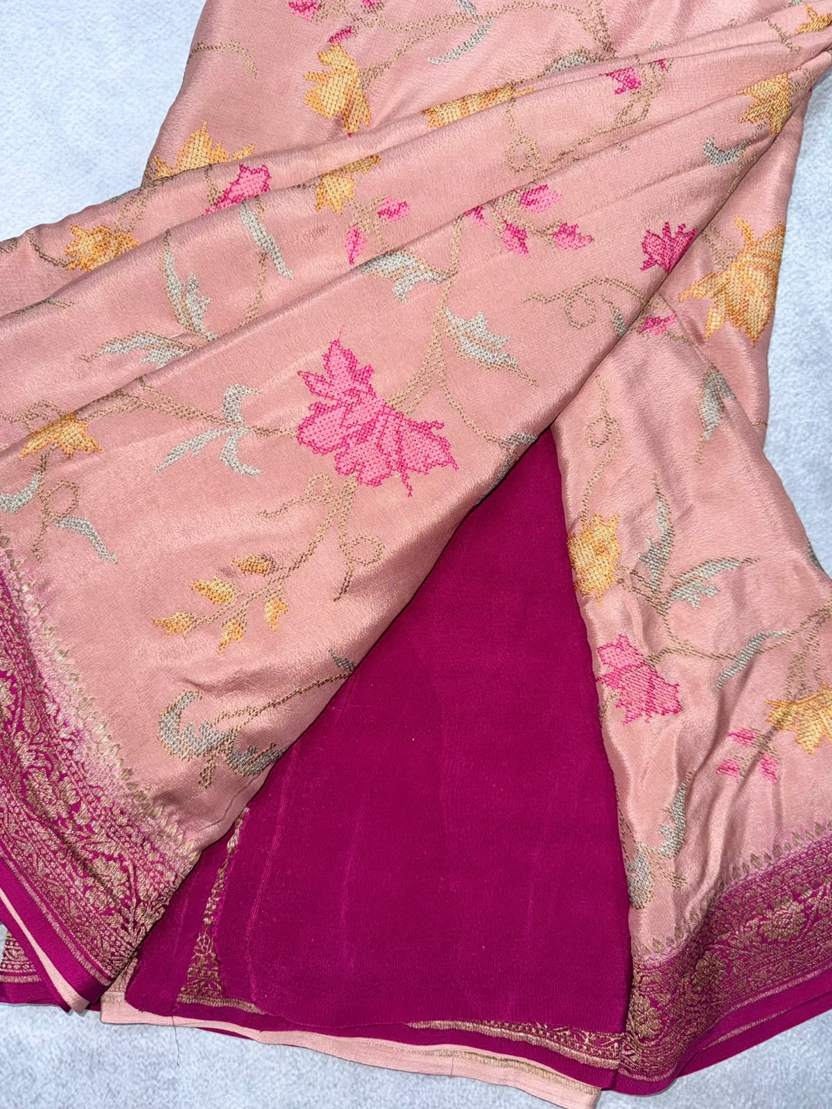 Peach Embroidery Pure Benarasi Crepe Saree 110