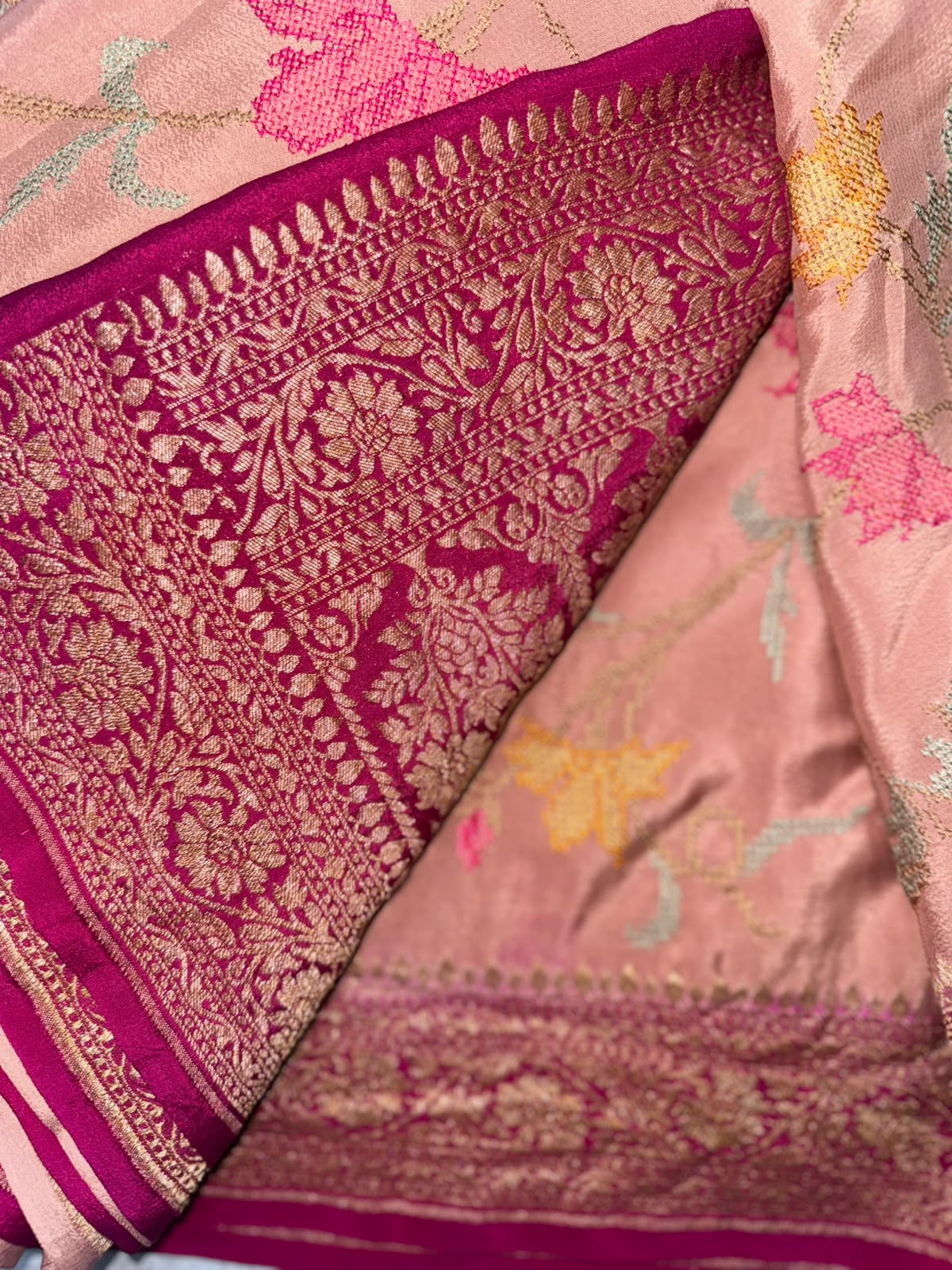 Peach Embroidery Pure Benarasi Crepe Saree 110