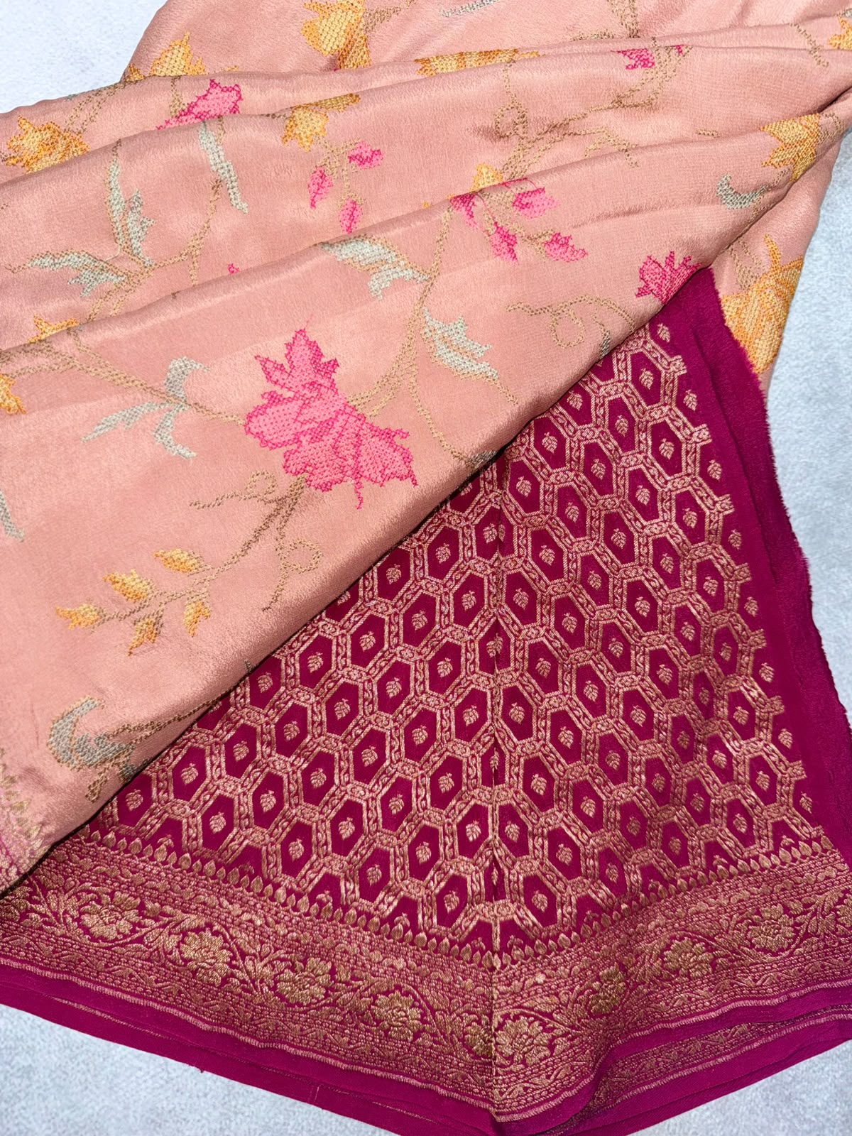 Peach Embroidery Pure Benarasi Crepe Saree 110