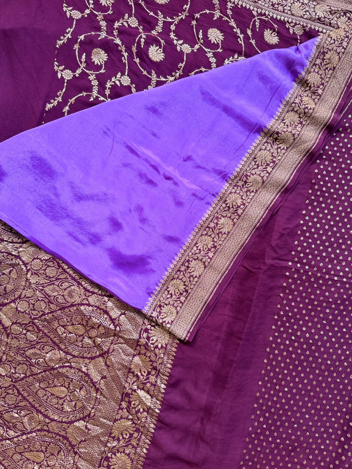 Lilac n Brown Patli Pallu Pure Benarasi Crepe Saree 110