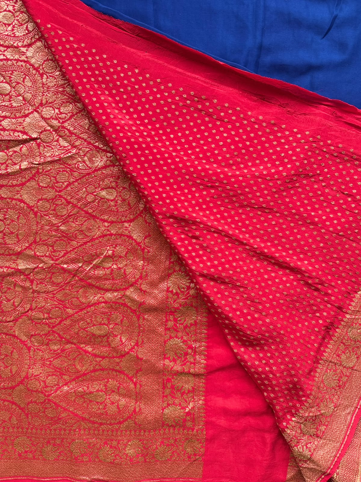 Royal Blue n Red Patli Pallu Pure Benarasi Crepe Saree 110