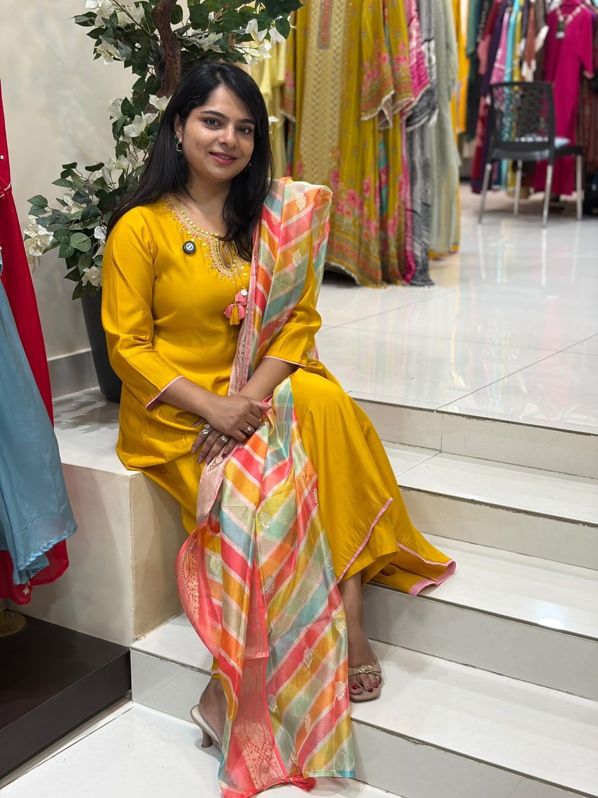 Purple Mul Chanderi Thread Embroidery A Line Kurtha 898