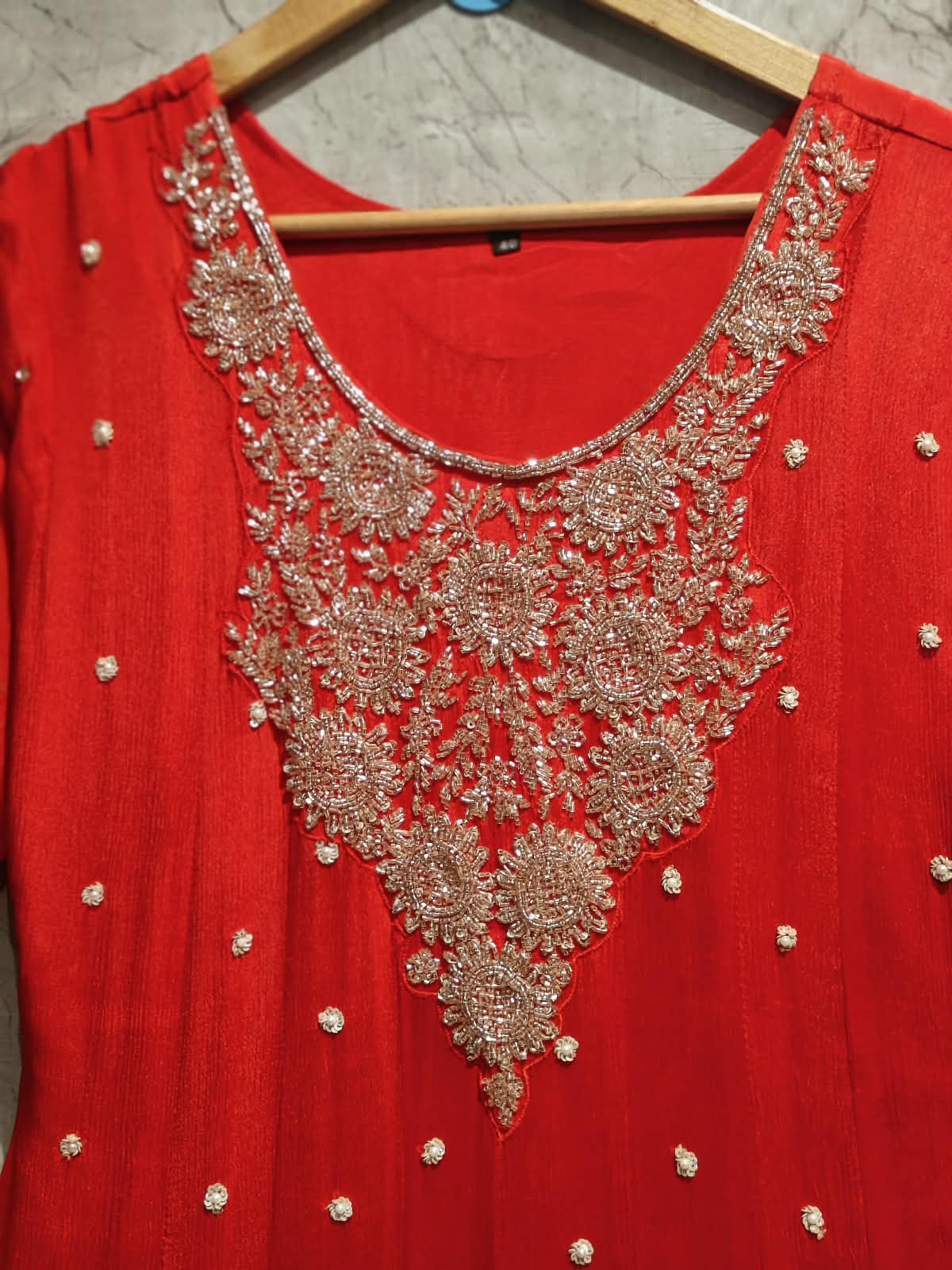 Red Anarkali chinnon handwork party ware Kurtha 567