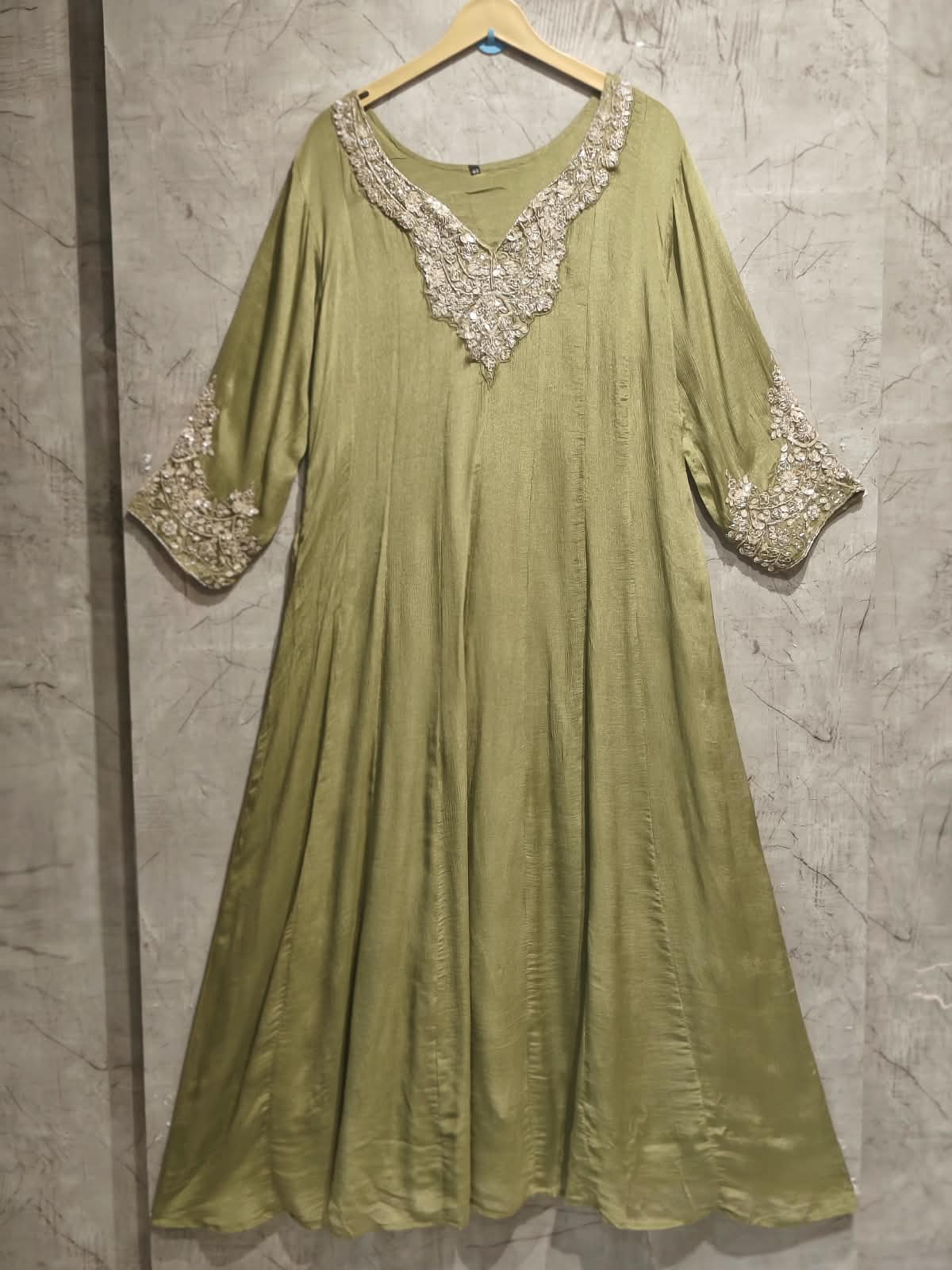 Mehandi Green  Anarkali chinnon handwork party ware Kurtha 567