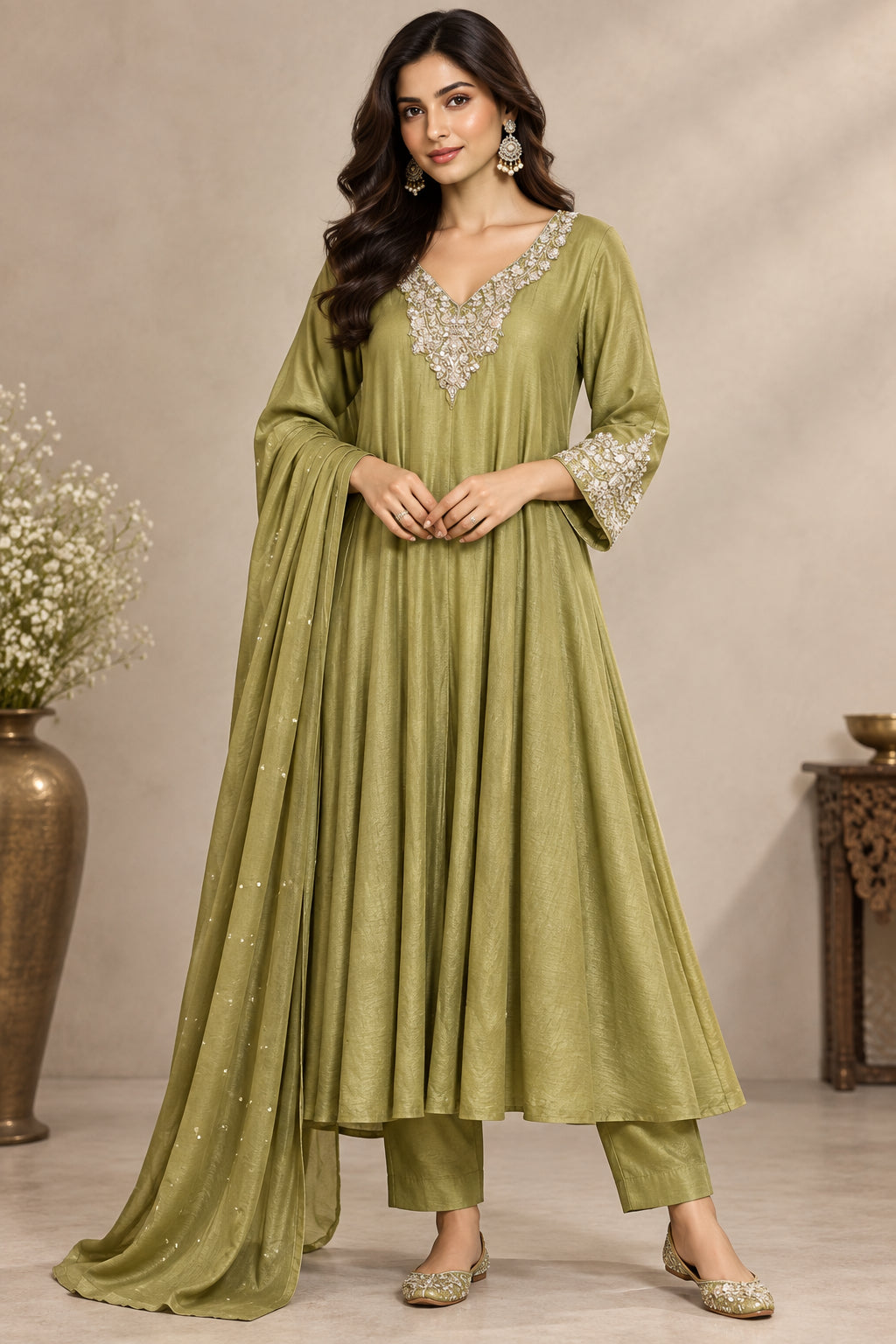 Mehandi Green  Anarkali chinnon handwork party ware Kurtha 567