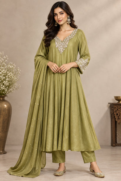 Mehandi Green  Anarkali chinnon handwork party ware Kurtha 567