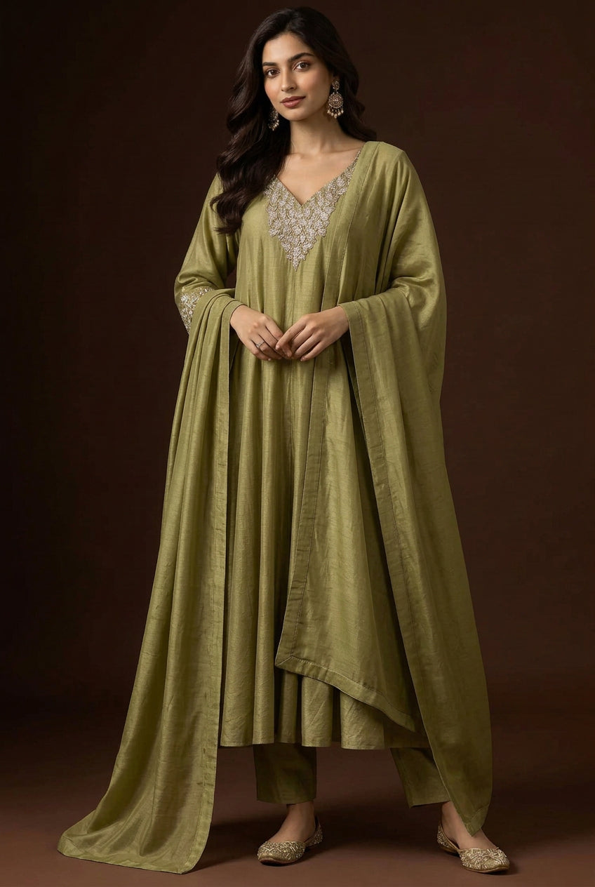 Mehandi Green  Anarkali chinnon handwork party ware Kurtha 567