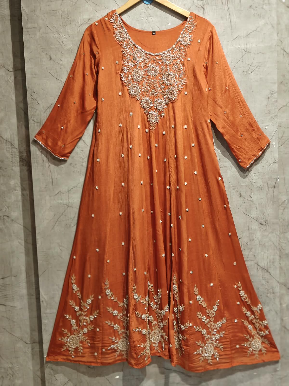Orange Anarkali chinnon handwork party ware Kurtha 567