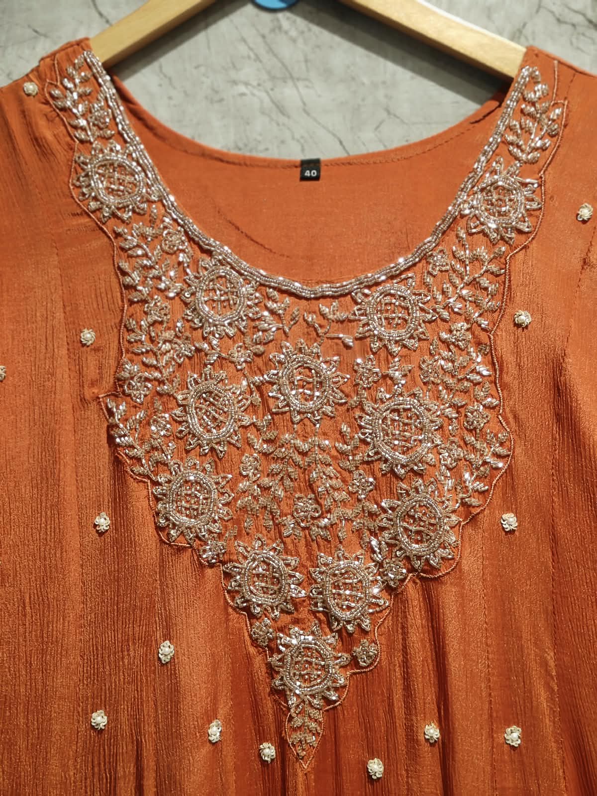 Orange Anarkali chinnon handwork party ware Kurtha 567