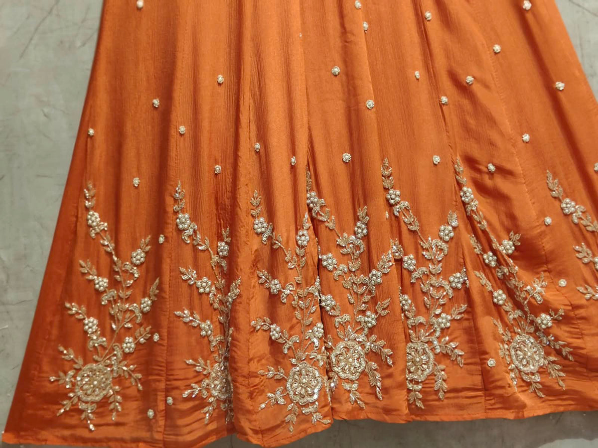 Orange Anarkali chinnon handwork party ware Kurtha 567