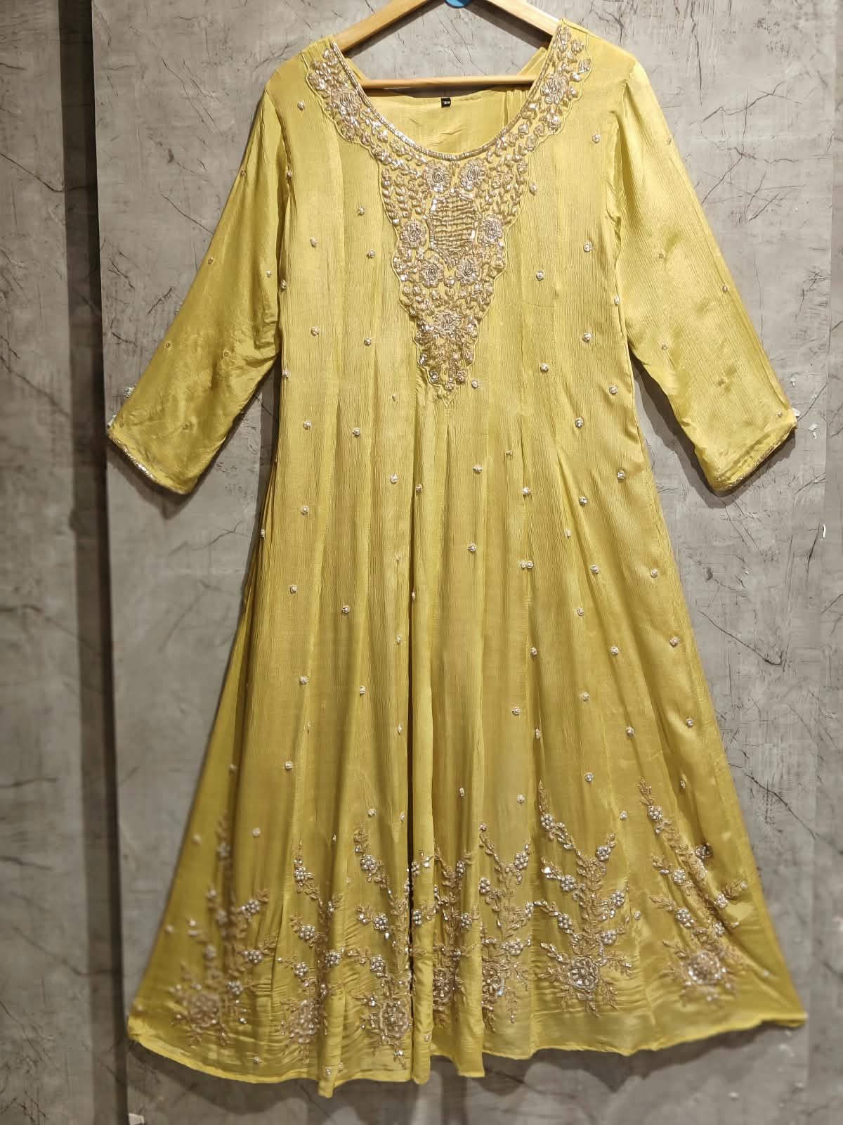 Lemon Yellow Anarkali chinnon handwork party ware Kurtha 567
