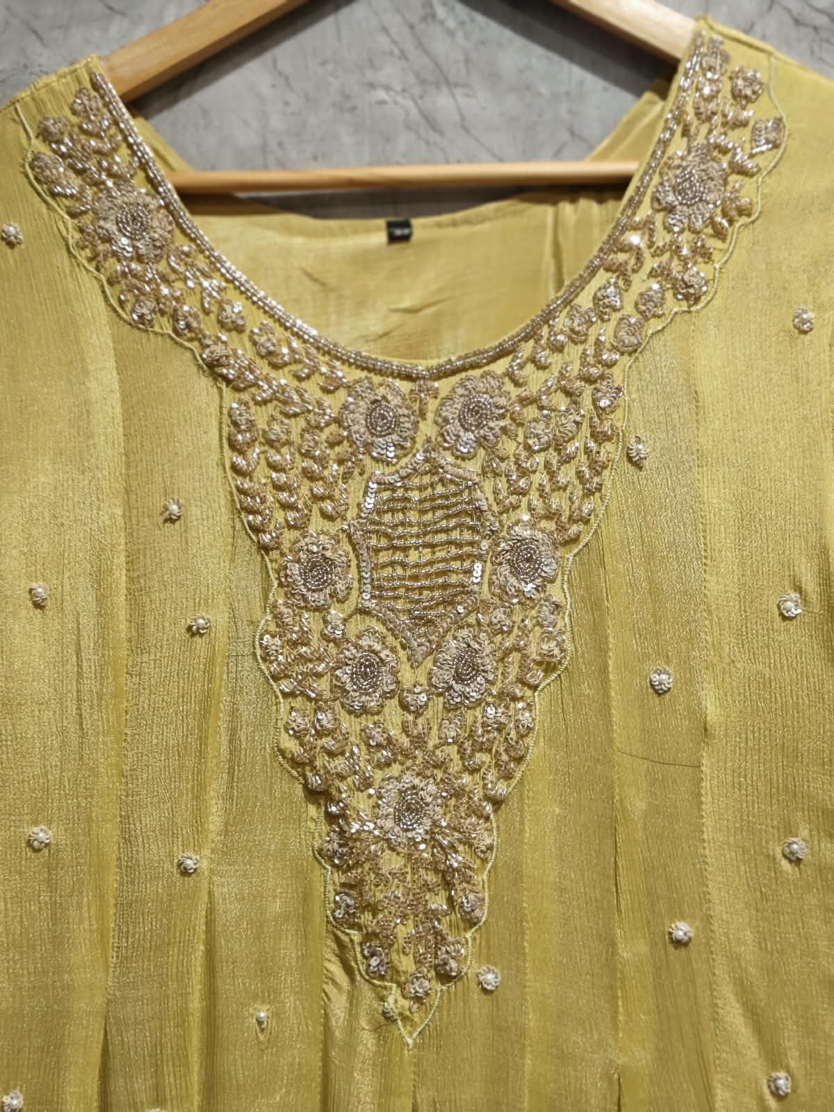 Lemon Yellow Anarkali chinnon handwork party ware Kurtha 567