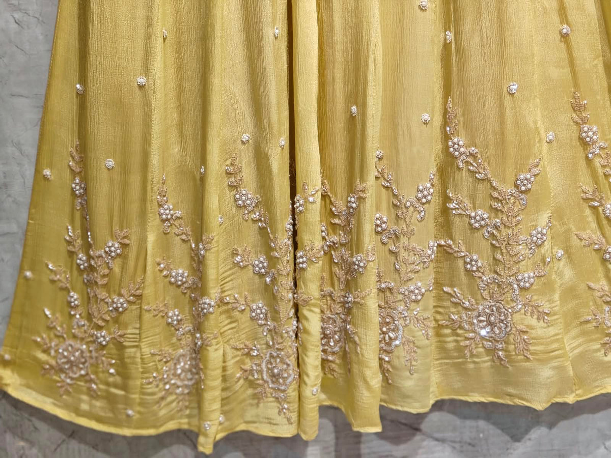 Lemon Yellow Anarkali chinnon handwork party ware Kurtha 567