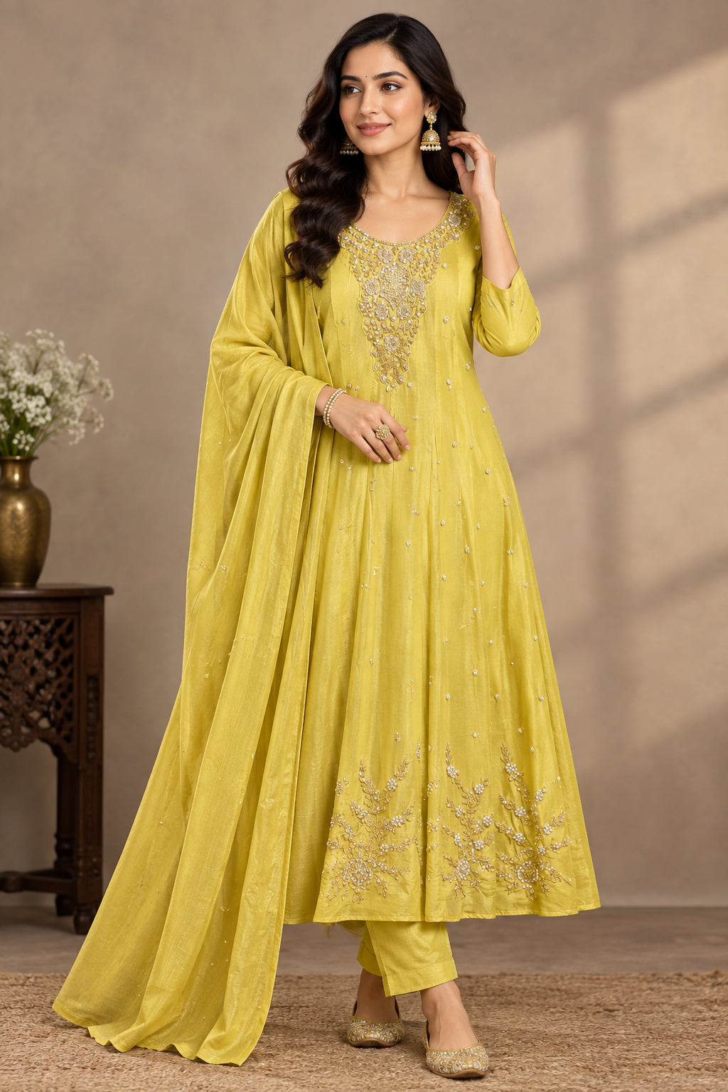Lemon Yellow Anarkali chinnon handwork party ware Kurtha 567