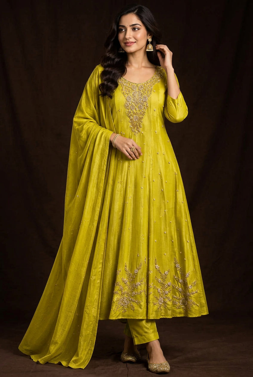 Lemon Yellow Anarkali chinnon handwork party ware Kurtha 567