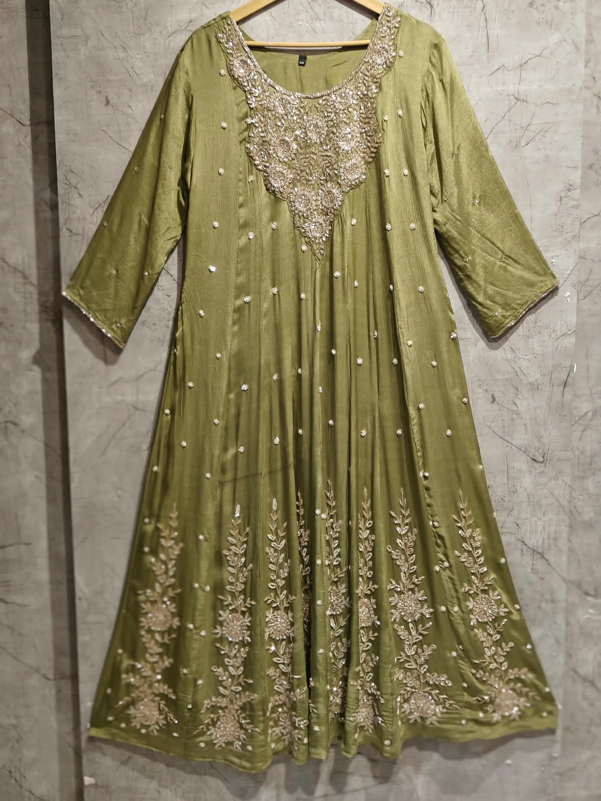 Mehandi Green Anarkali chinnon handwork party ware Kurtha 567