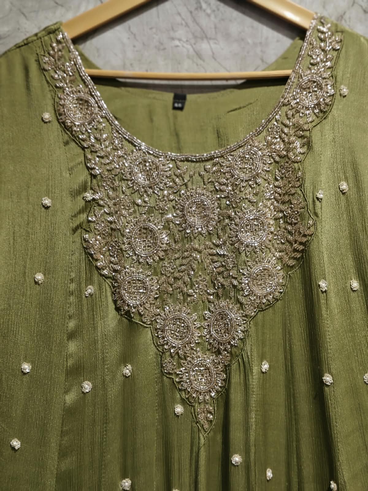 Mehandi Green Anarkali chinnon handwork party ware Kurtha 567