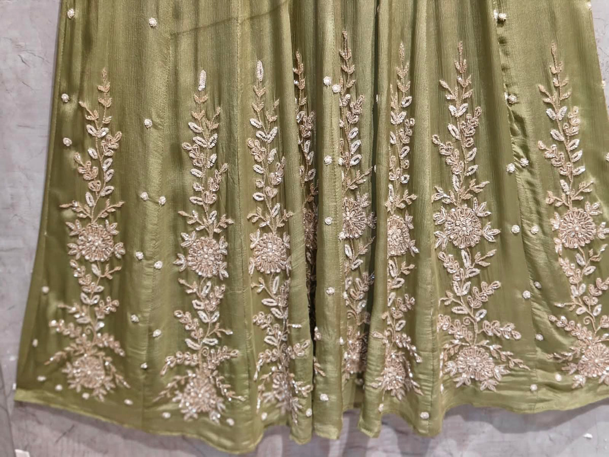 Mehandi Green Anarkali chinnon handwork party ware Kurtha 567