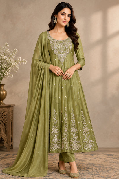 Mehandi Green Anarkali chinnon handwork party ware Kurtha 567