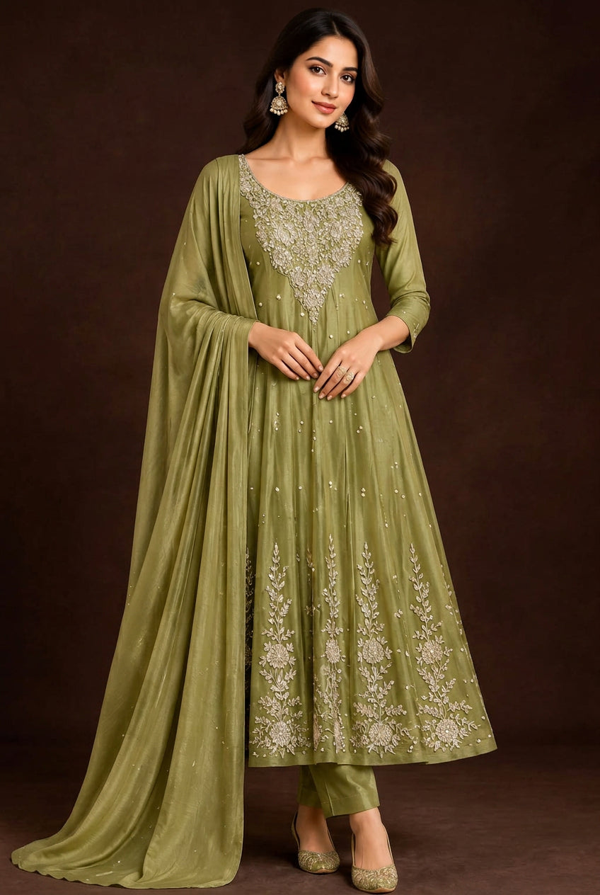 Mehandi Green Anarkali chinnon handwork party ware Kurtha 567