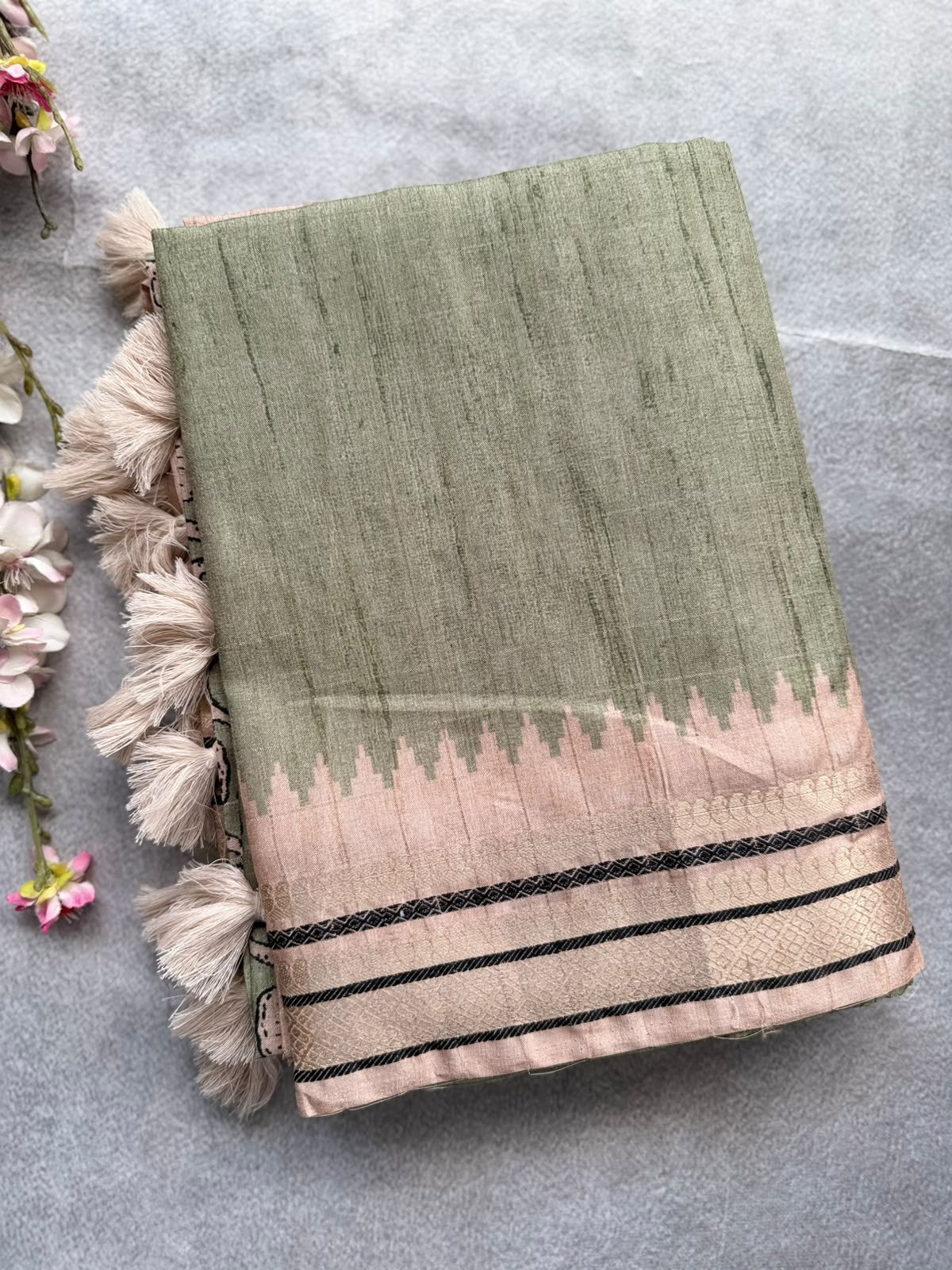 Pista Green Checks Semi Tussar Saree 110