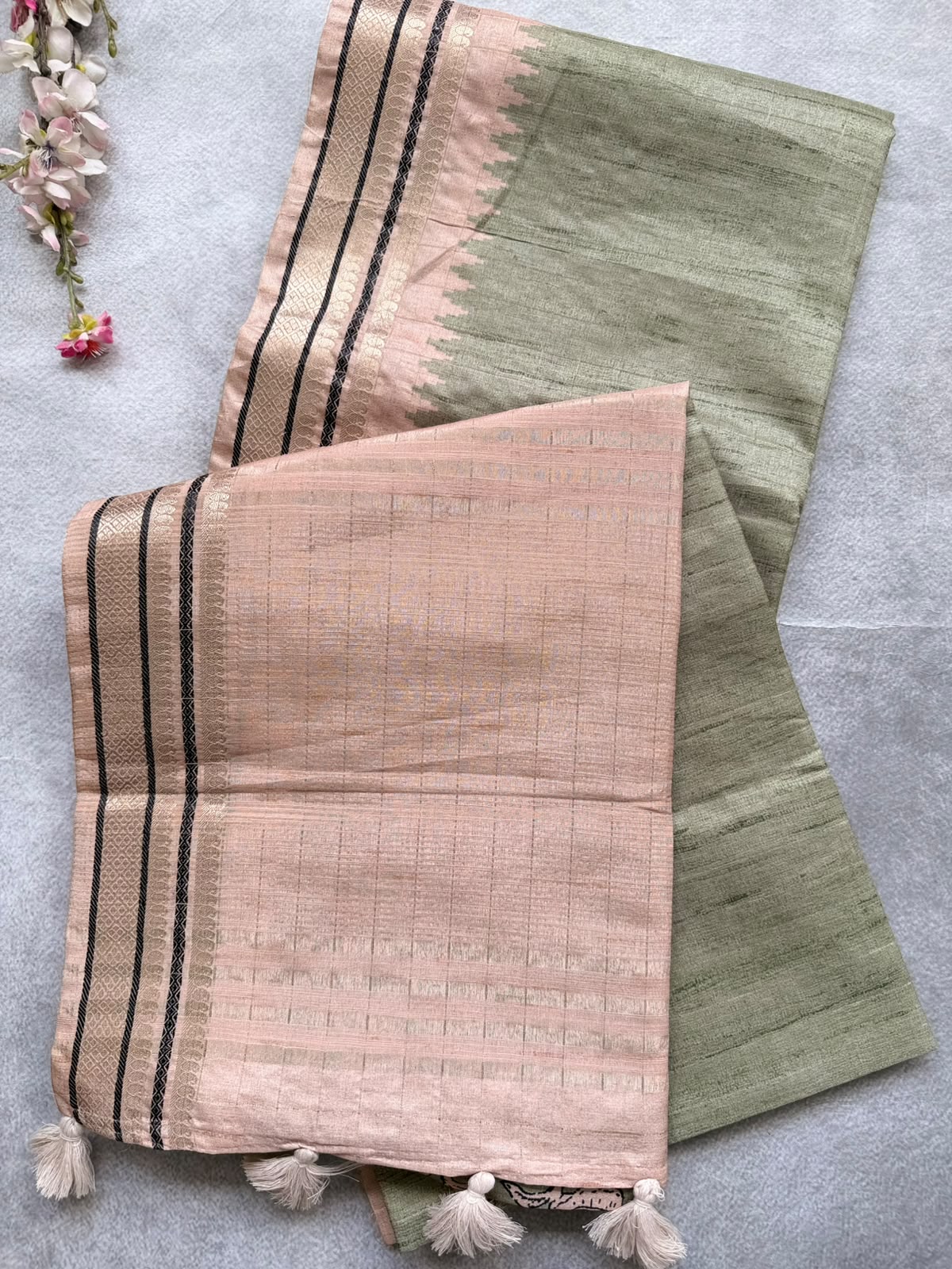 Pista Green Checks Semi Tussar Saree 110