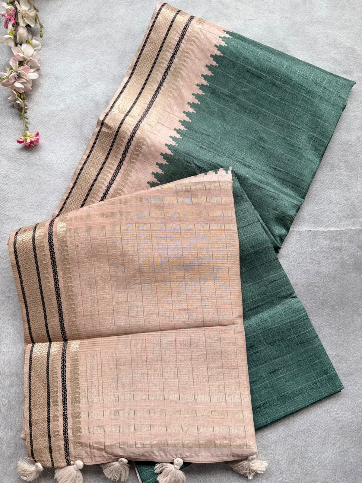 Bottle Green Checks Semi Tussar Saree 110