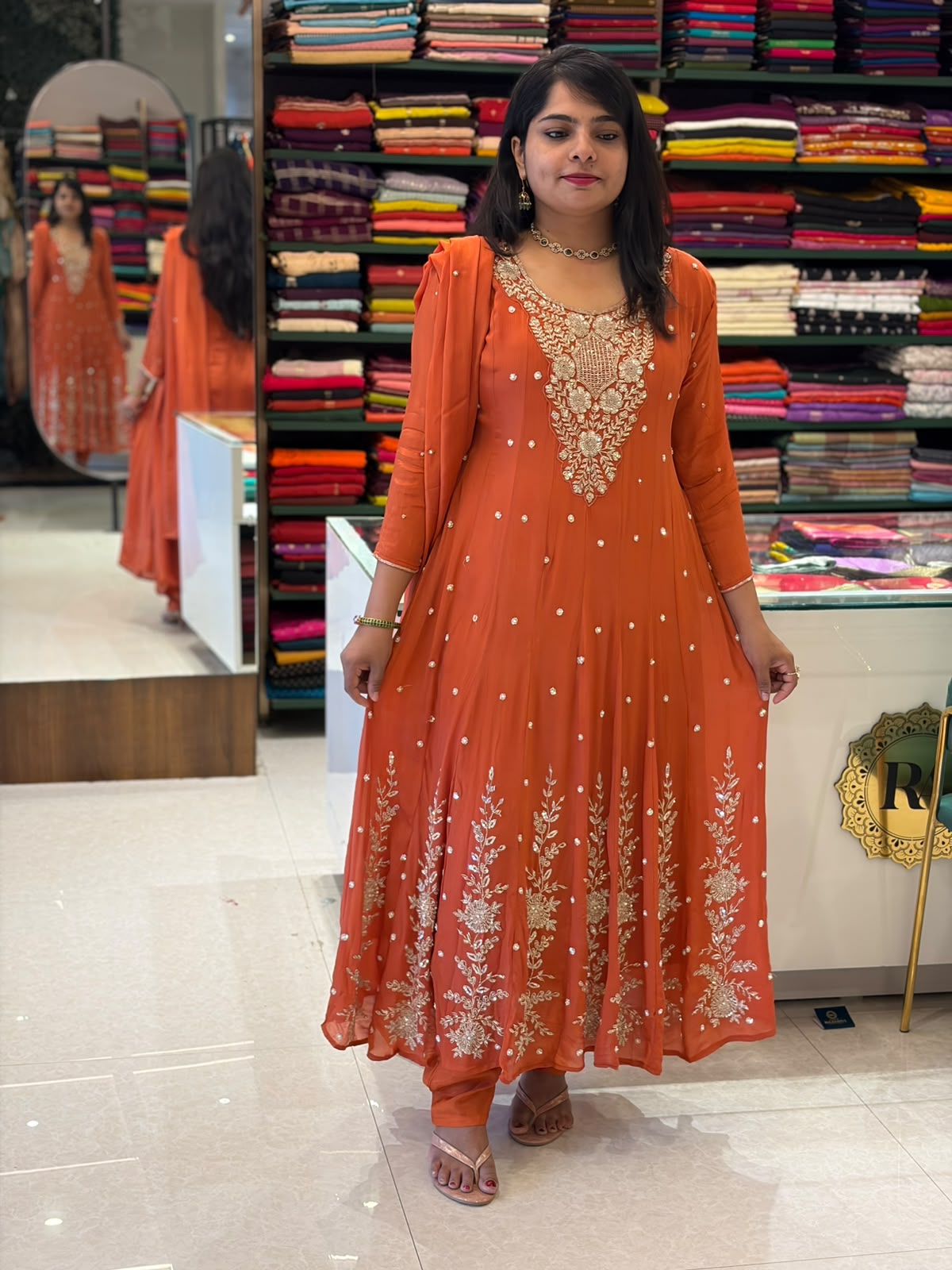 Rust Orange Anarkali chinnon handwork party ware Kurtha 567