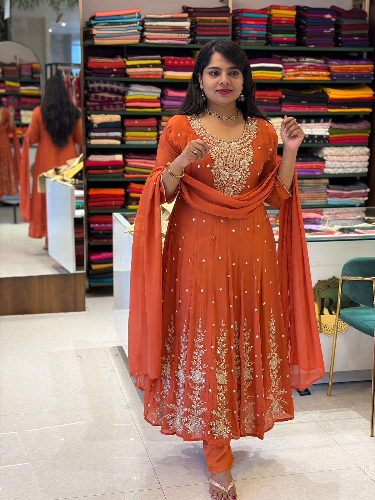 Rust Orange Anarkali chinnon handwork party ware Kurtha 567