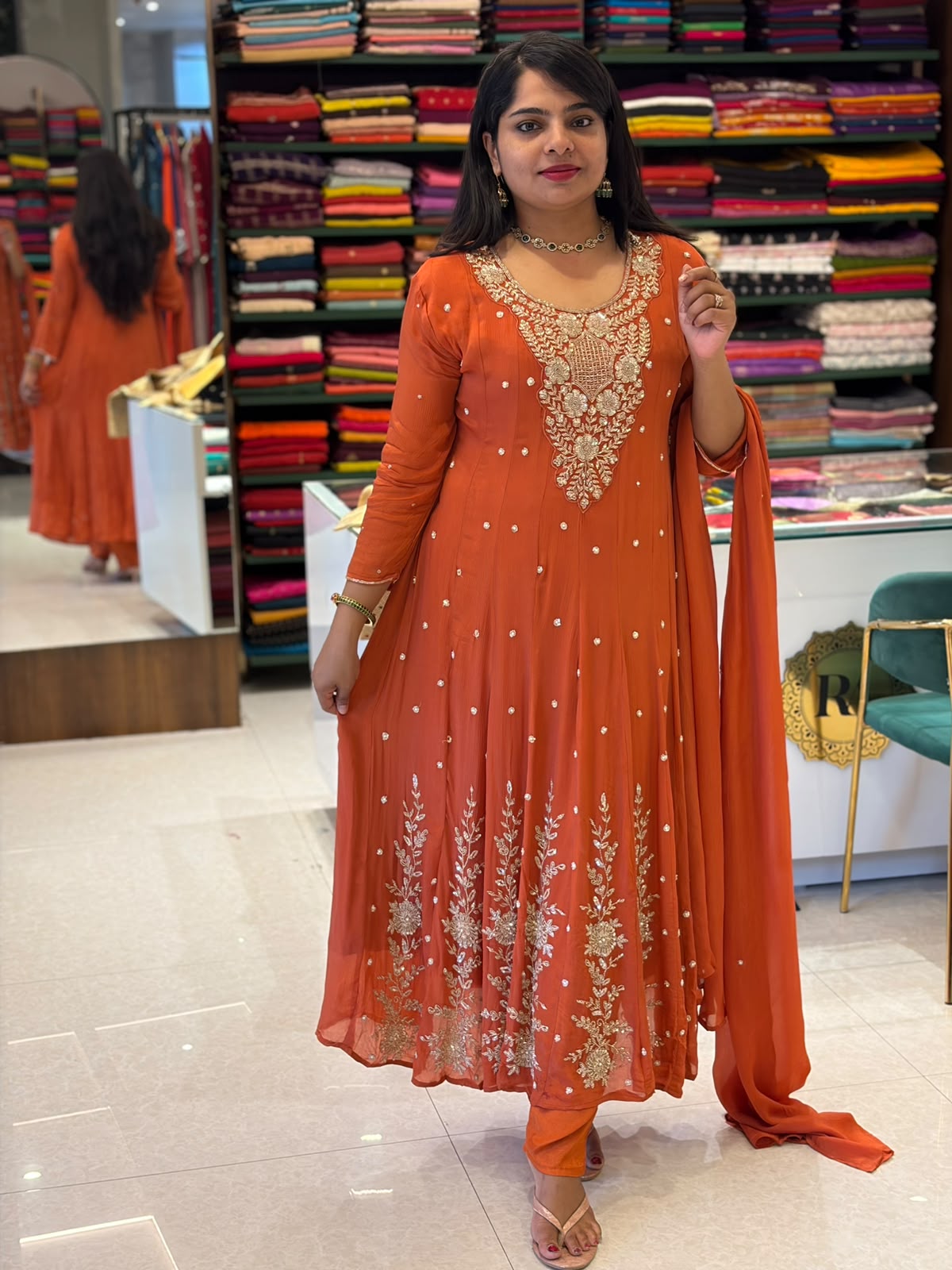 Rust Orange Anarkali chinnon handwork party ware Kurtha 567