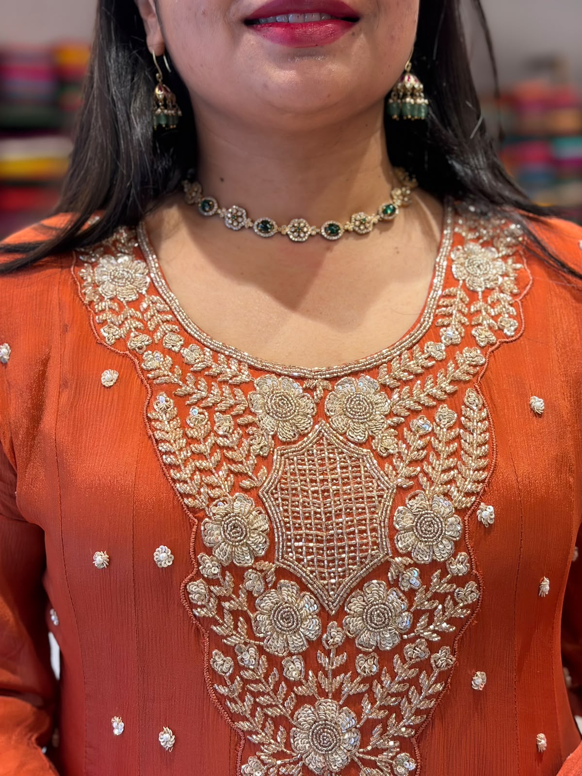 Rust Orange Anarkali chinnon handwork party ware Kurtha 567