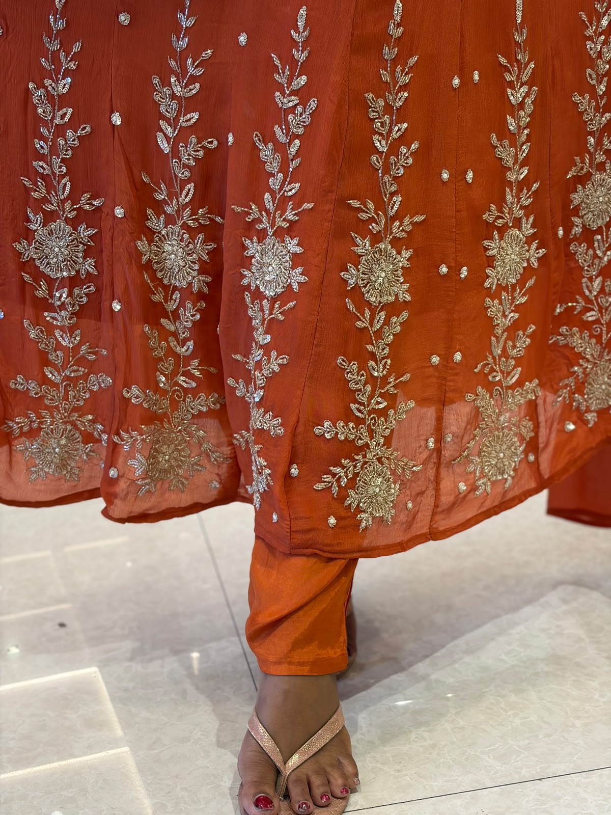 Rust Orange Anarkali chinnon handwork party ware Kurtha 567