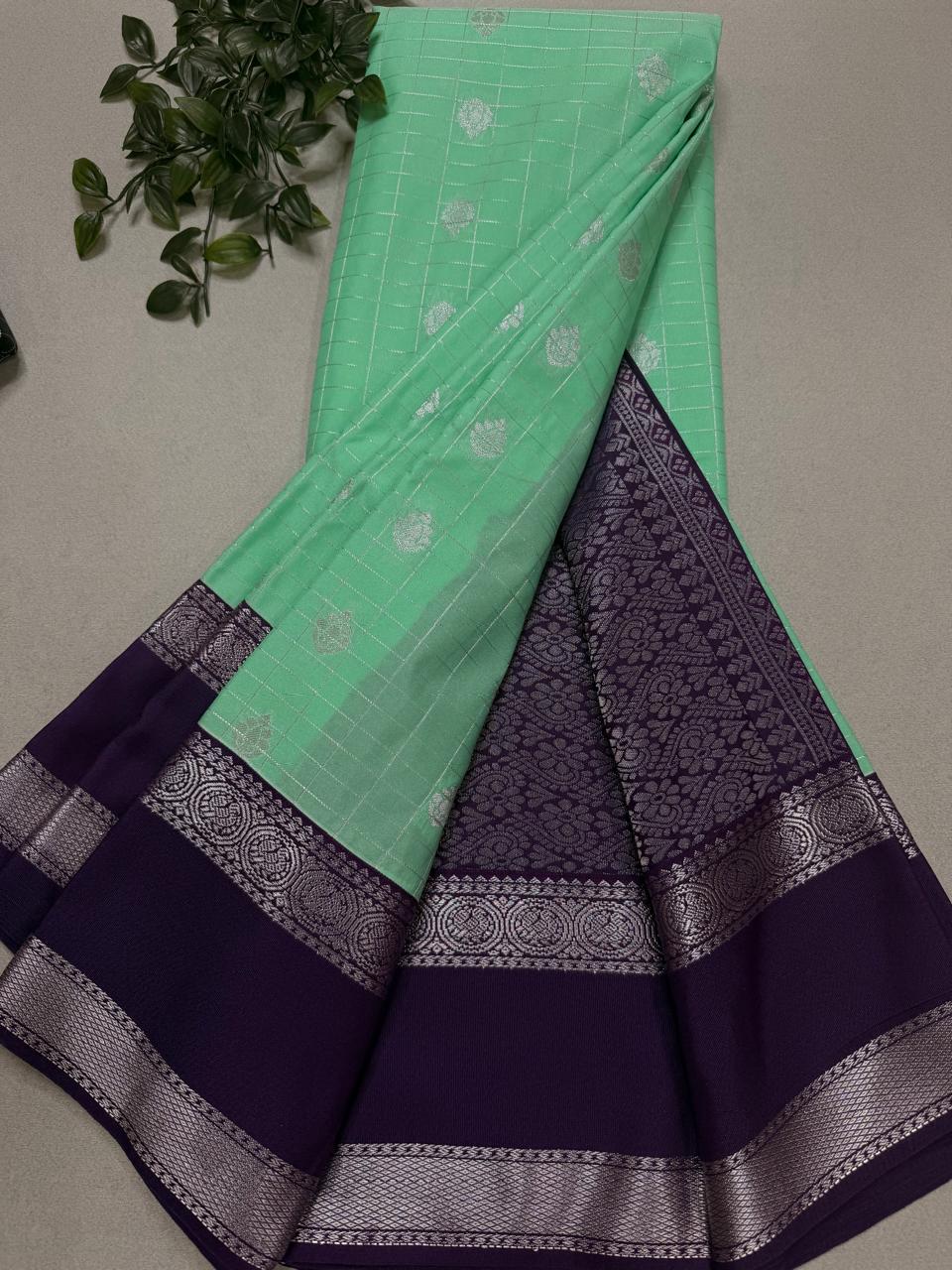 Green Checks Semi Kanchi Saree 110