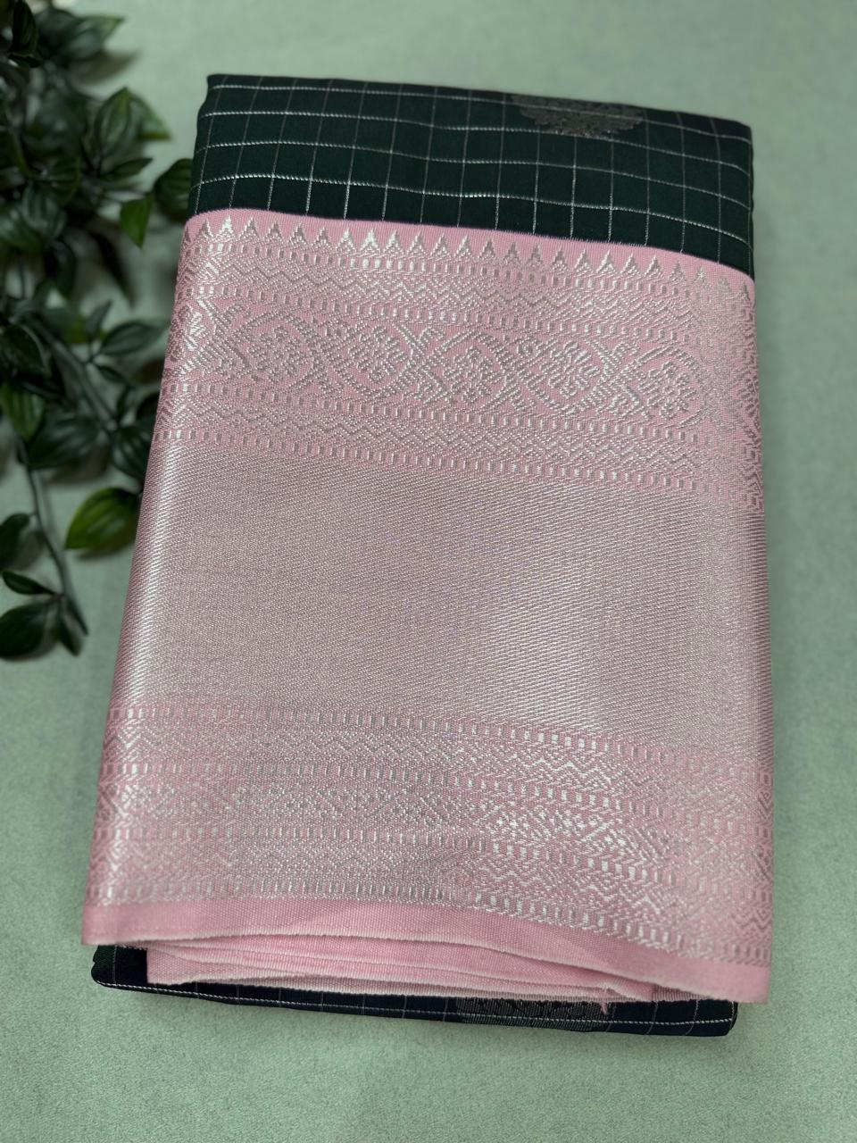 Bottle Green Checks Semi Kanchi Saree 110