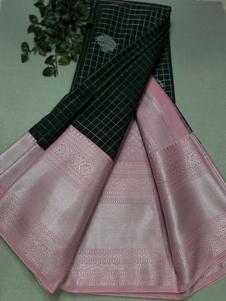 Bottle Green Checks Semi Kanchi Saree 110