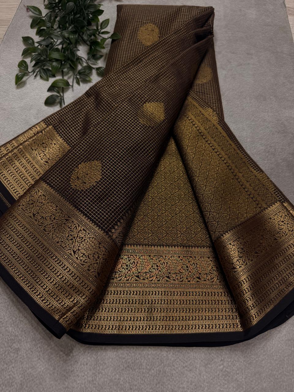 Brown Checks Semi Kanchi Saree 110