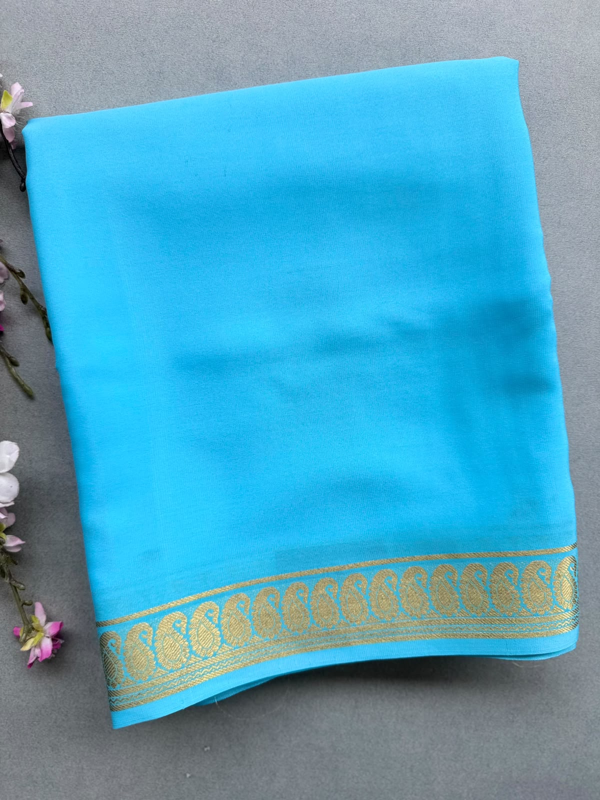 Blue Zari Border Pure Mysore Crepe Silk Saree 110