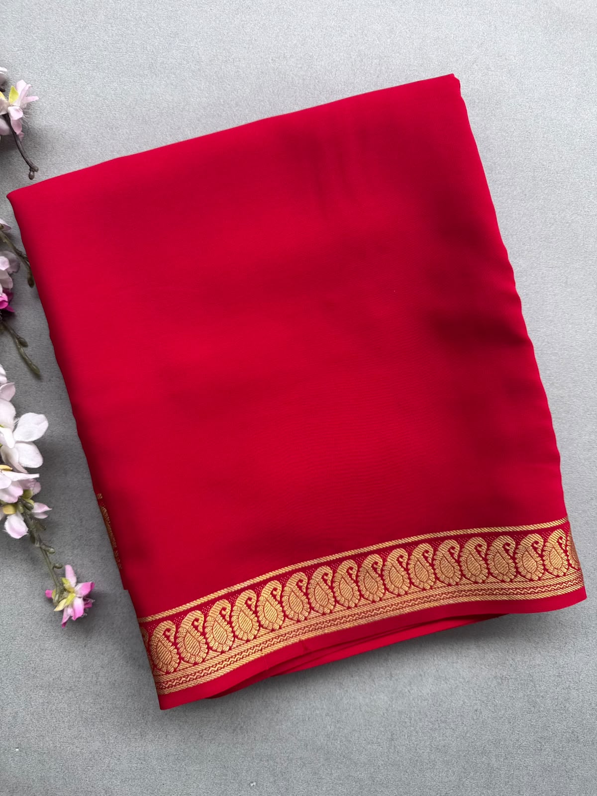 Red Zari Border Pure Mysore Crepe Silk Saree 110