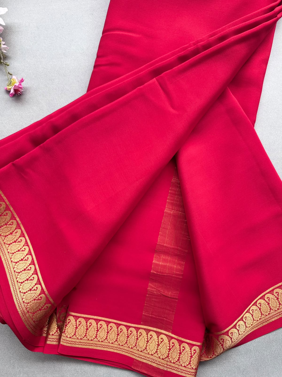 Red Zari Border Pure Mysore Crepe Silk Saree 110