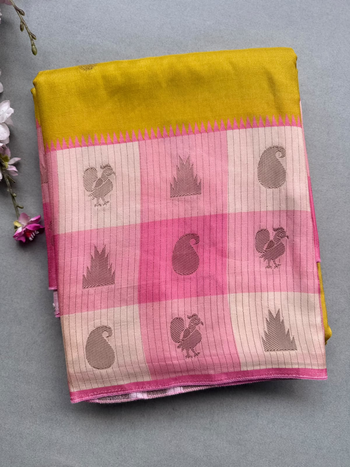 Mustard Semi Crepe with Checks Border Saree 110