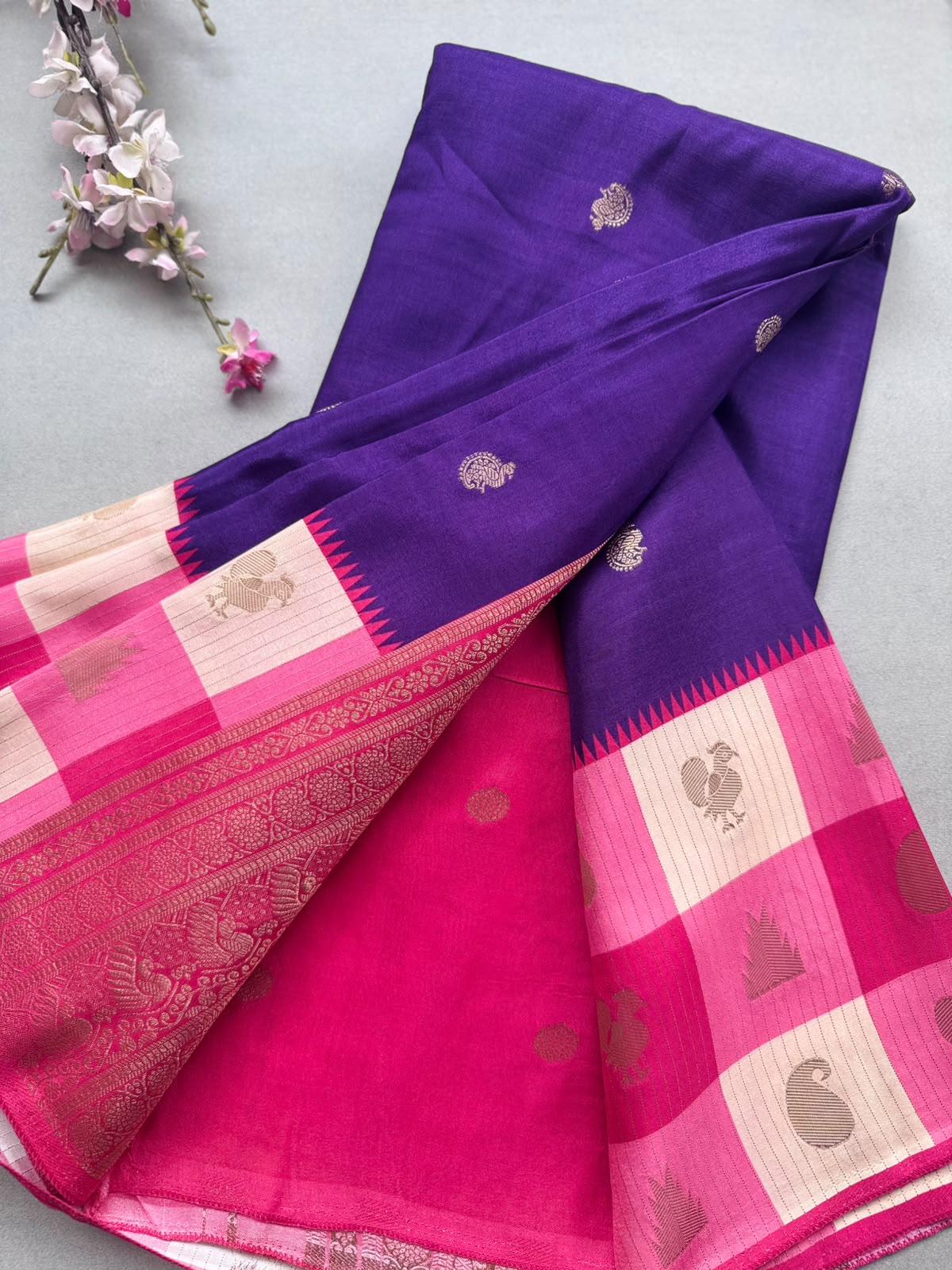 Purple Semi Crepe with Checks Border Saree 110