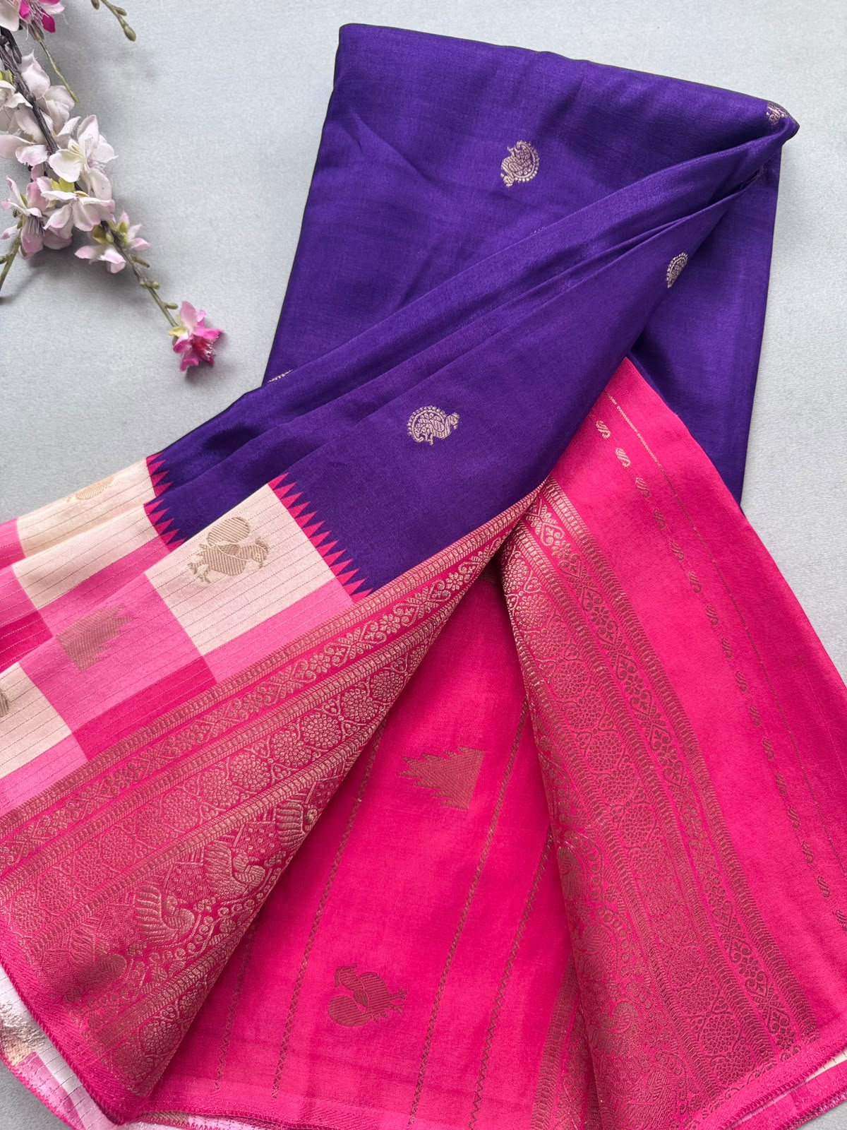 Purple Semi Crepe with Checks Border Saree 110