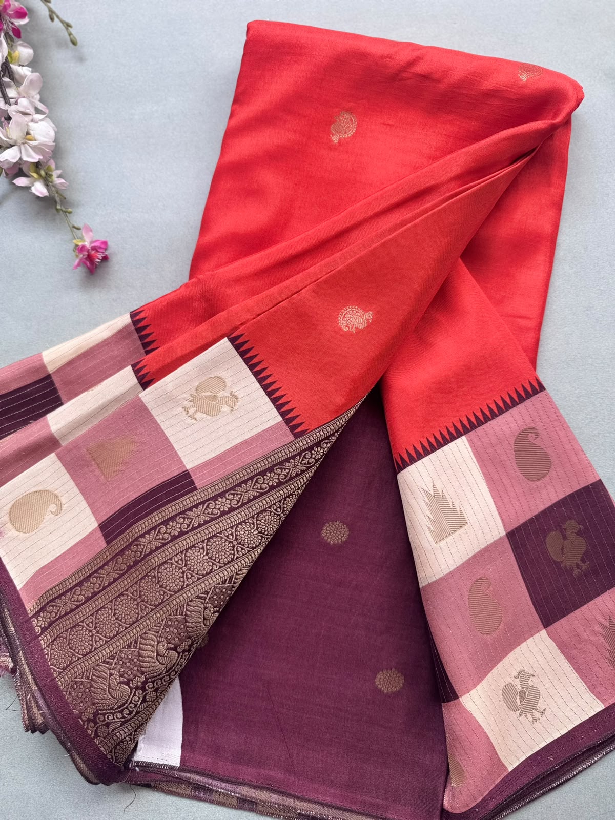 Orange Semi Crepe with Checks Border Saree 110