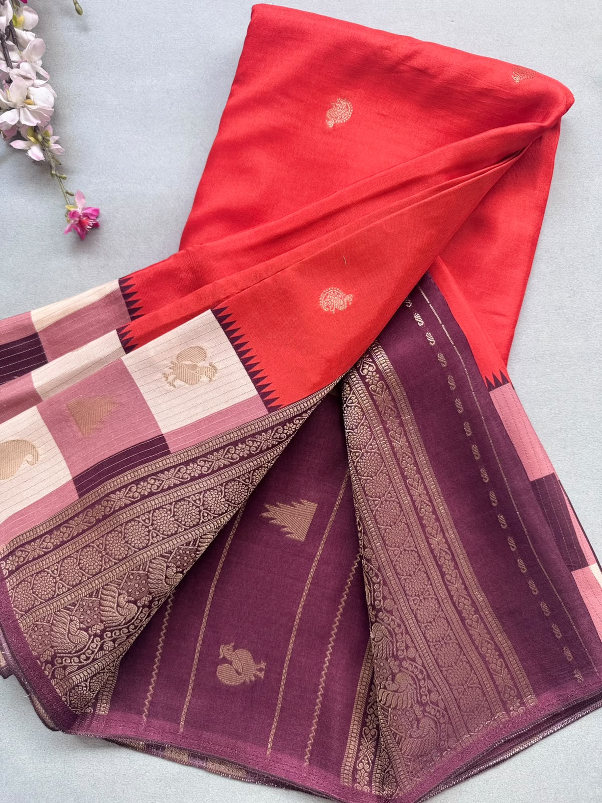 Orange Semi Crepe with Checks Border Saree 110