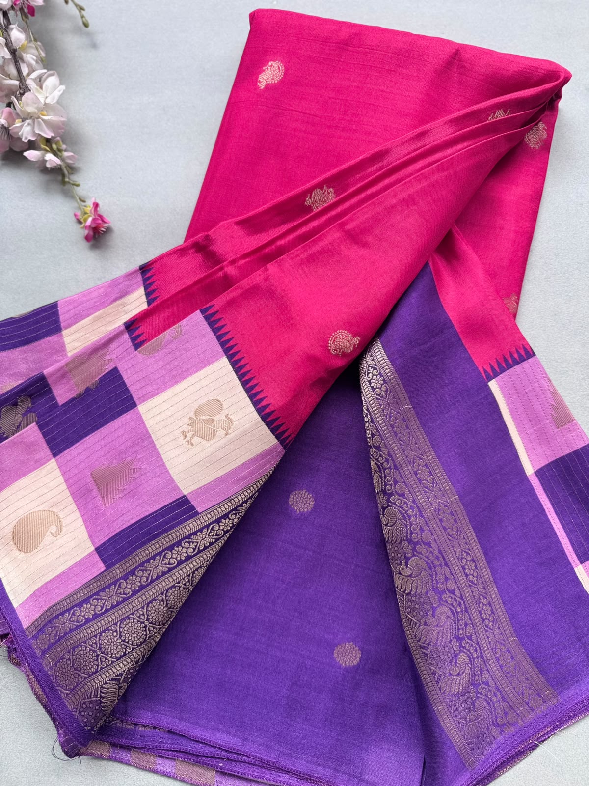 Magenta Semi Crepe with Checks Border Saree 110