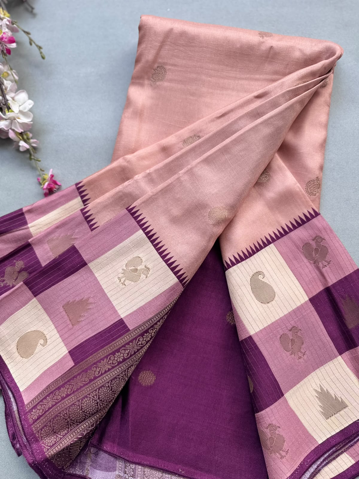 Peach Semi Crepe with Checks Border Saree 110
