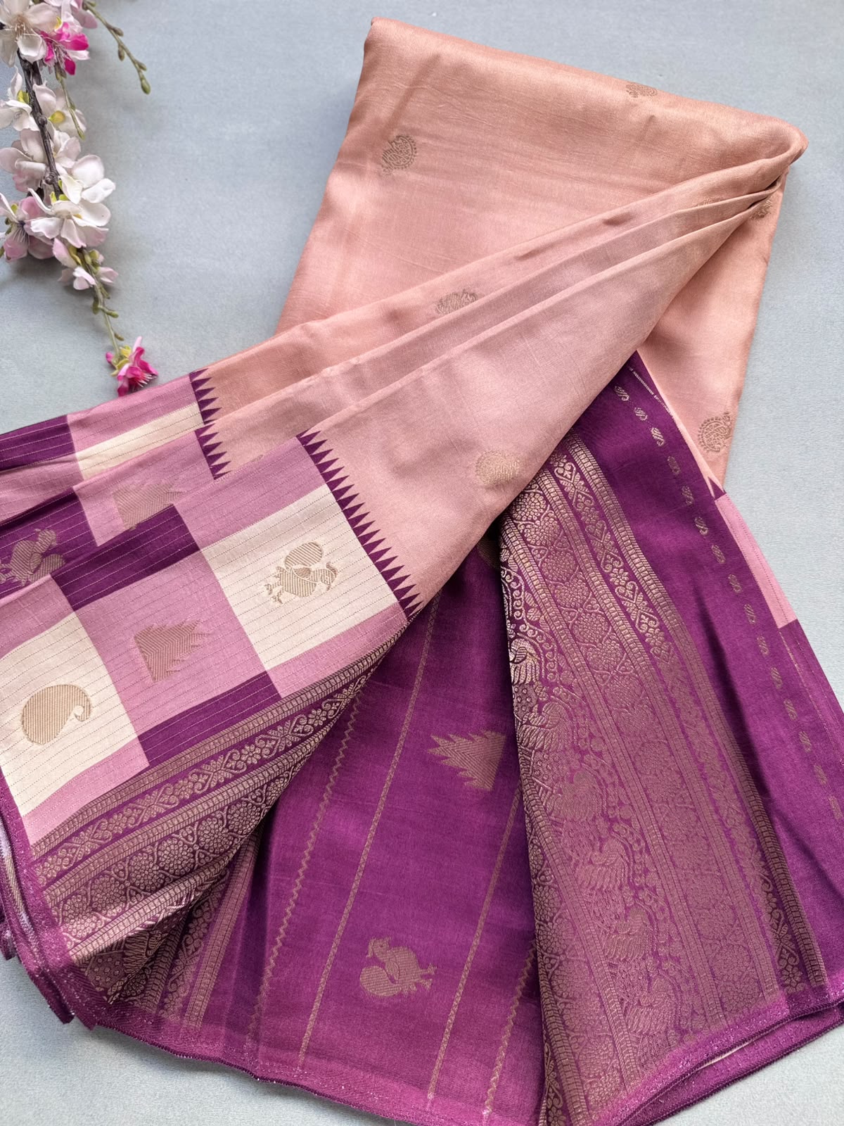 Peach Semi Crepe with Checks Border Saree 110