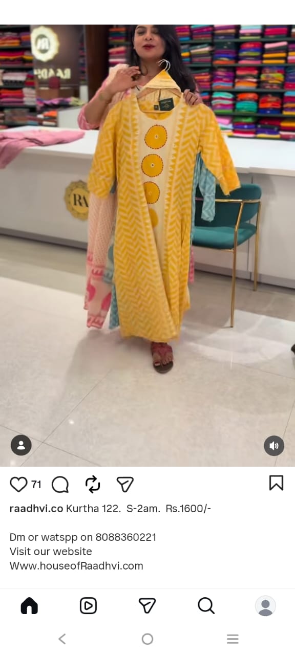 Yellow Cotton Hand Embroidery Straight Fit Kurtha 122